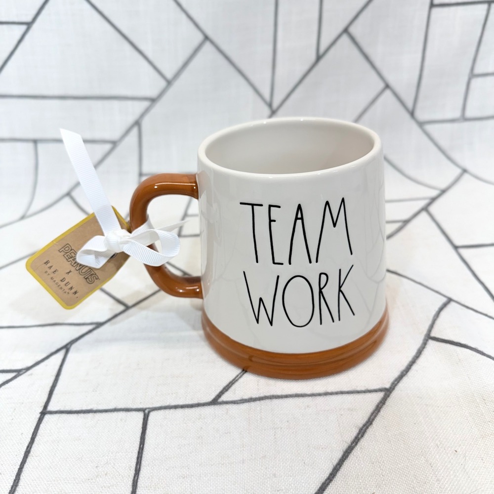 Rae Dunn Peanuts Mug OS White Brown Team Work Woodstock Bonk Graphic READ